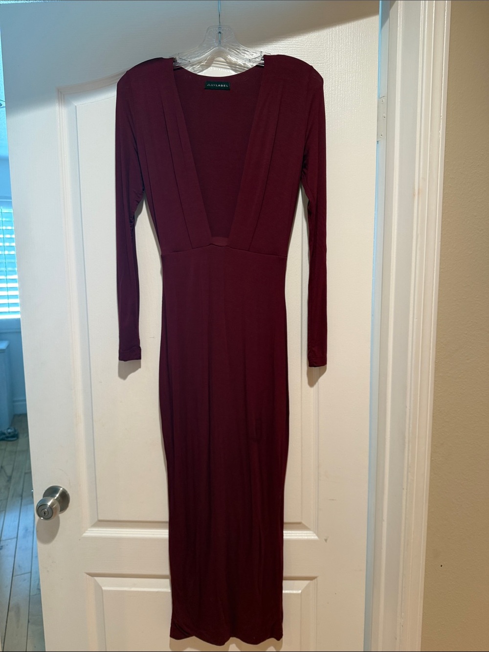JLUXLABEL Burgundy Long Sleeve Plunge Midi Dress